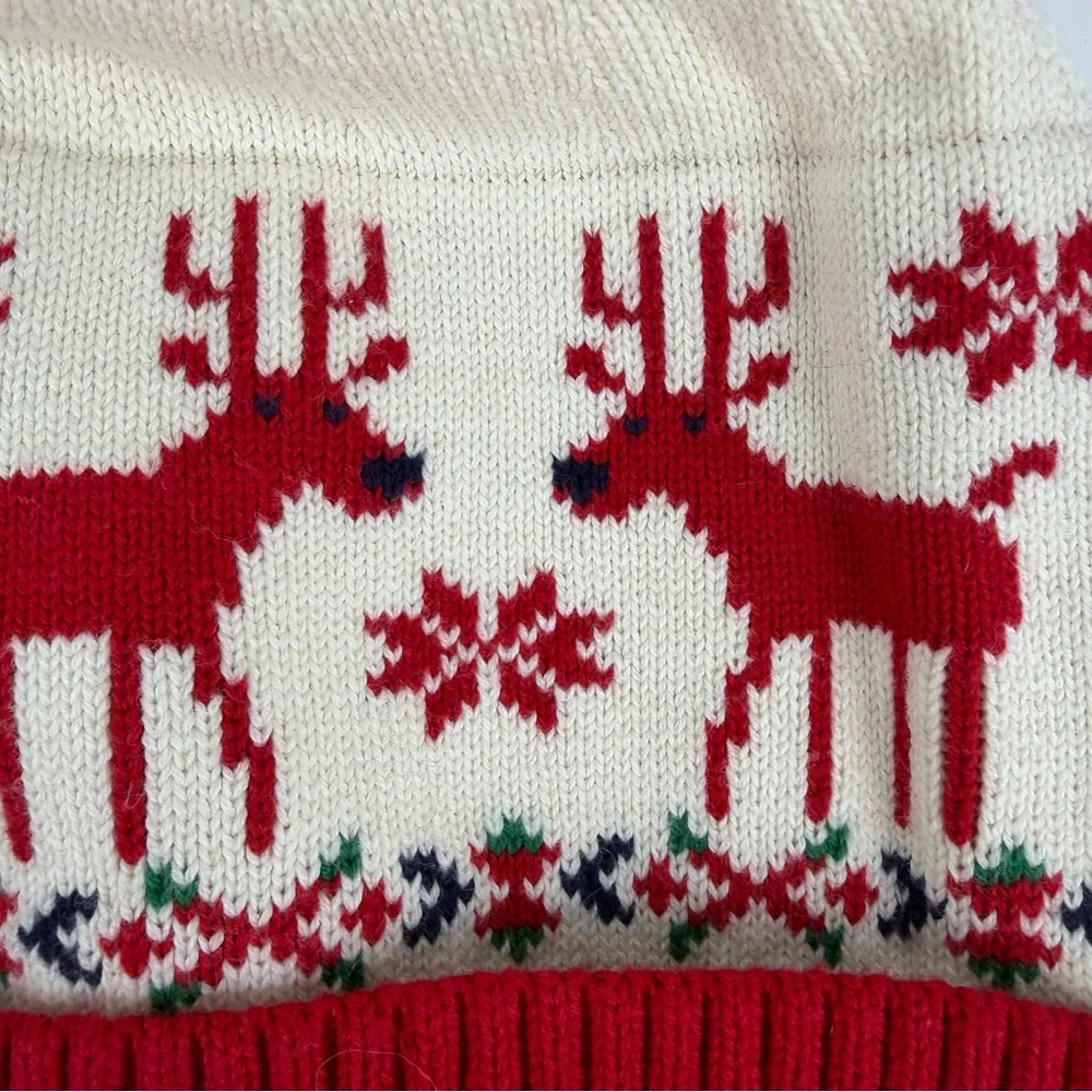 Kids Hanna Andersson Knit Pom Beanie Reindeer Nordic Holiday Hat Red Cream sz L